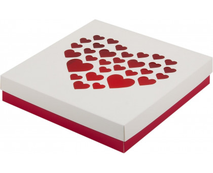 Коробка для клубники в шоколаде "Бело-красная с сердечками" 200*200*40 мм 