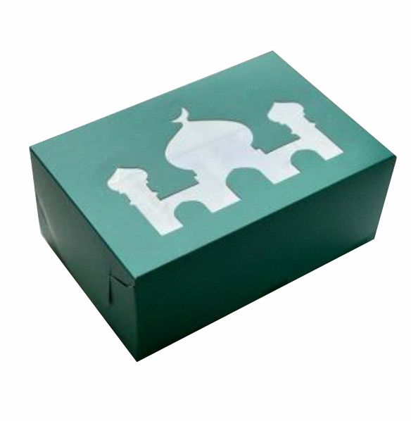 Коробка "Мечеть" для 6 капкейков с окном и ложементом зеленая, матовая 235*160*100мм