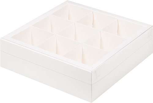 Коробка под ассорти десертов с пластиковой крышкой 240*240*70мм*9ячеек, белая)