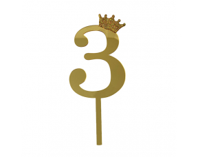 Топпер акриловый цифра "3" с короной и блеском