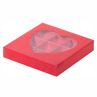 Коробка для конфет с окошком сердце 155*155*30 мм (9) (РОЗОВАЯ МАТОВАЯ